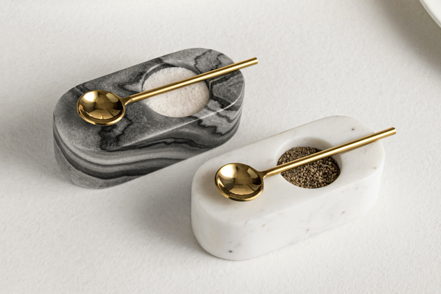 Nawal Gray Marble Salt/Pepper Cellar with Gold Spoon